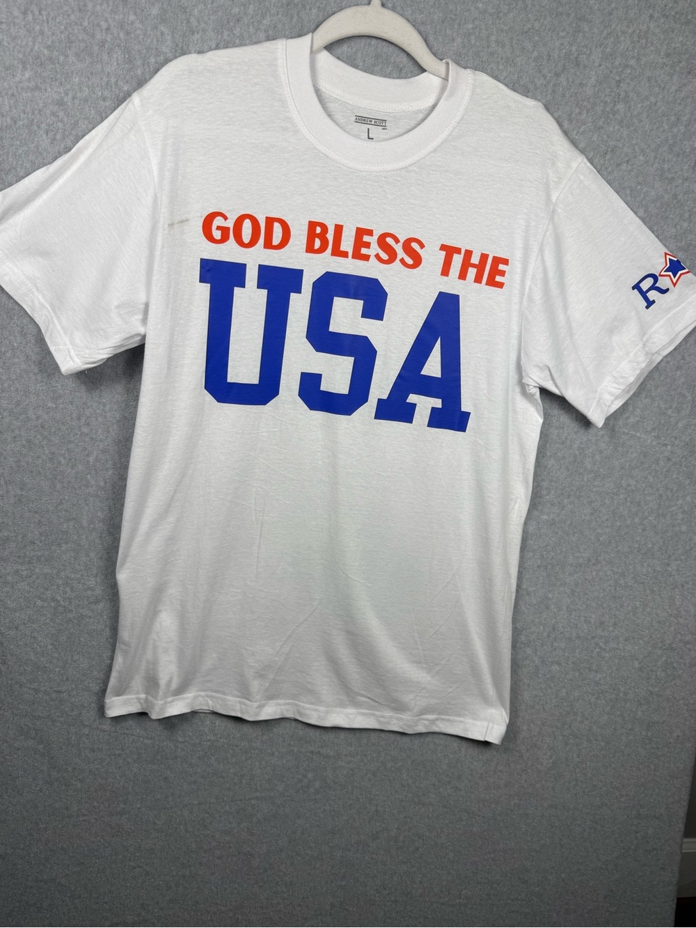 New Andrew Scott God Bless the USA Patriotic Graphic Tee Men’s Sz L Americana